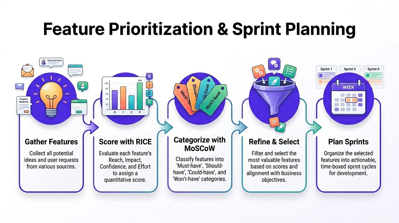 A five-step flowchart illustrating the process of product feature prioritization and sprint planning for software development.