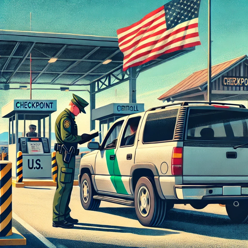 Border patrol officer inspecting vehicle documents at a checkpoint.