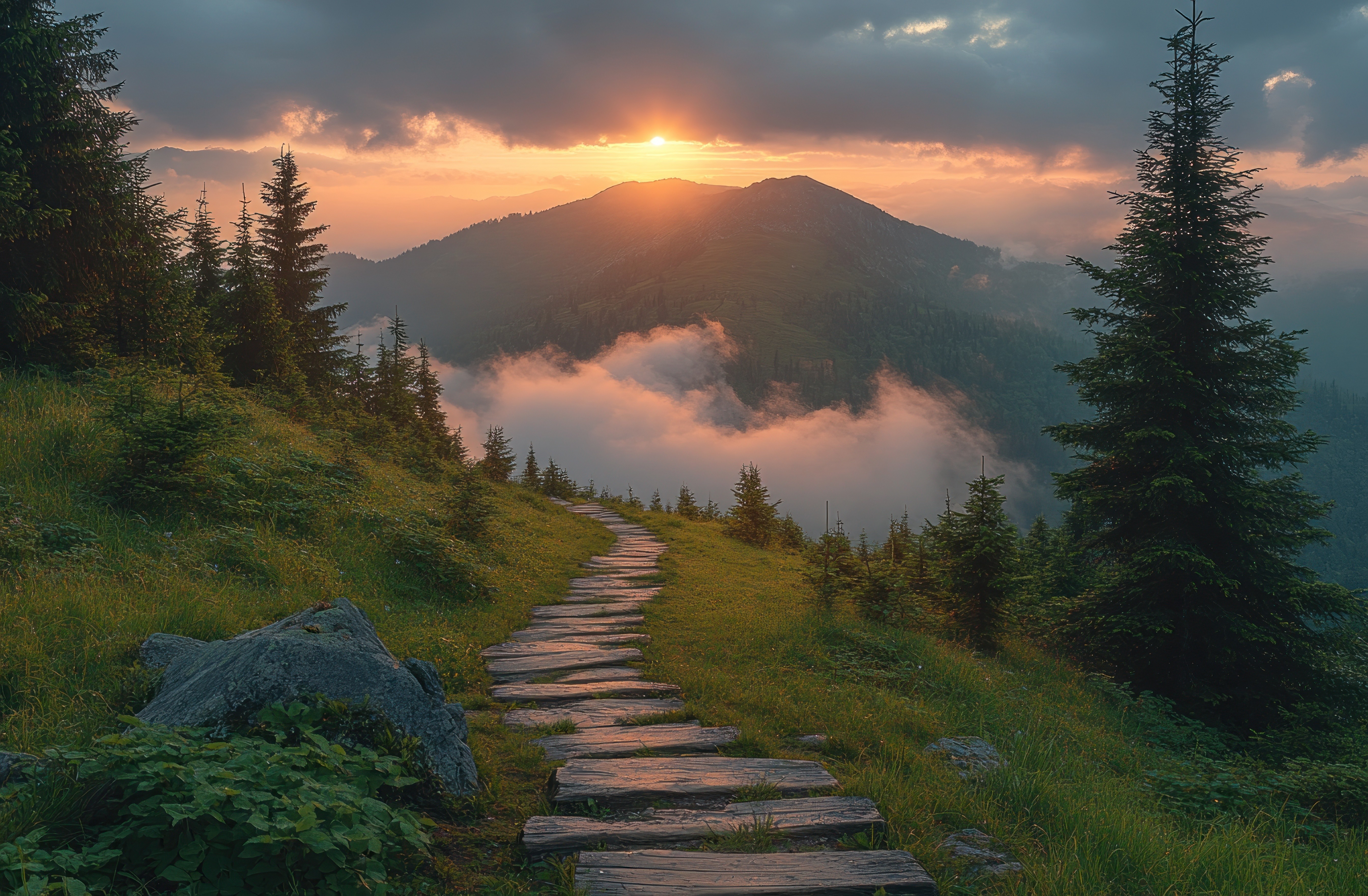 A rustic stone tile pathway winding up a grassy green mountain ridge toward a dramatic sunset breaking over distant peaks, with low-lying clouds drifting through the valley below.