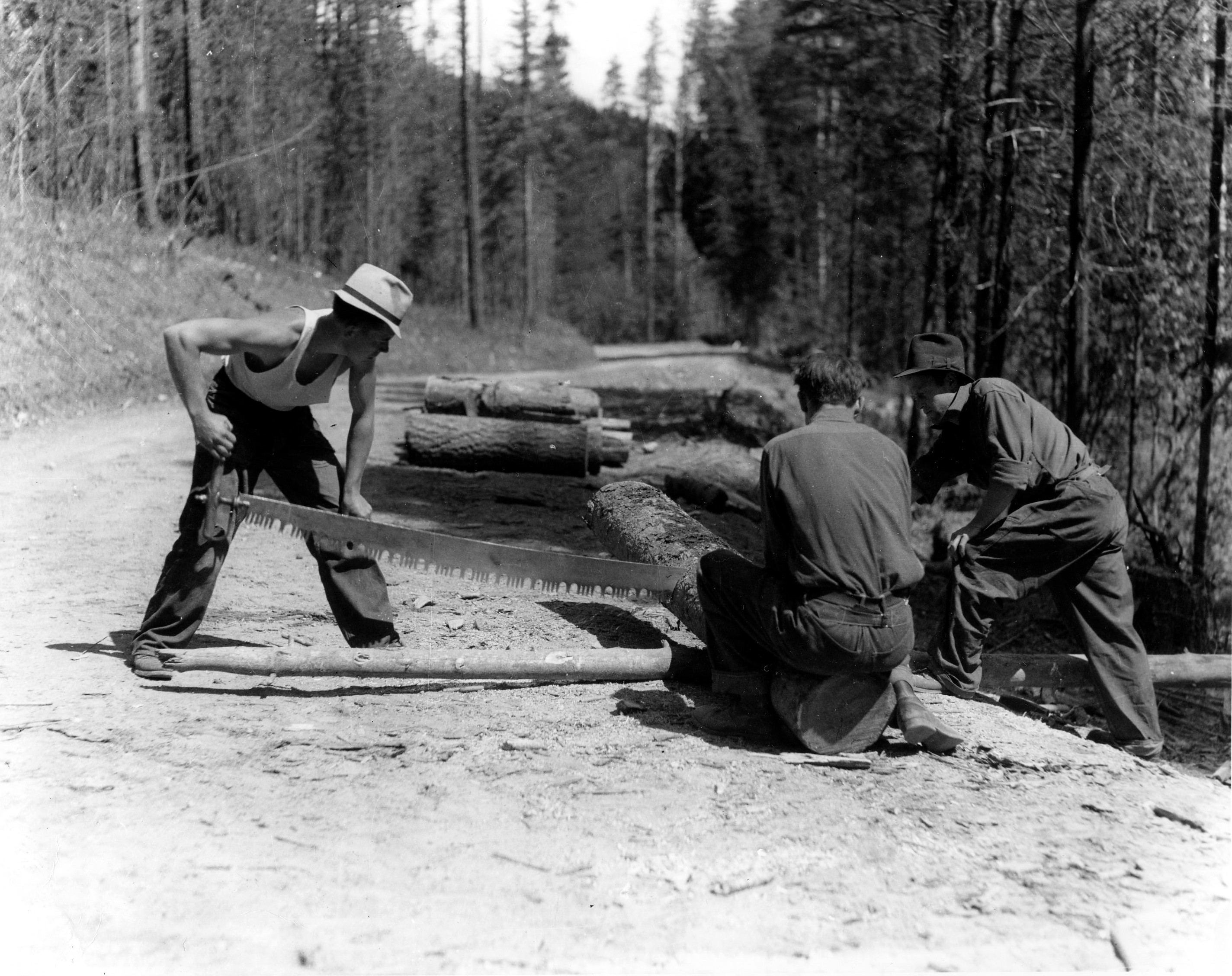 Historic image of the CCC building roads, shelters, and campsites as they moved up the Pacific Northwest 