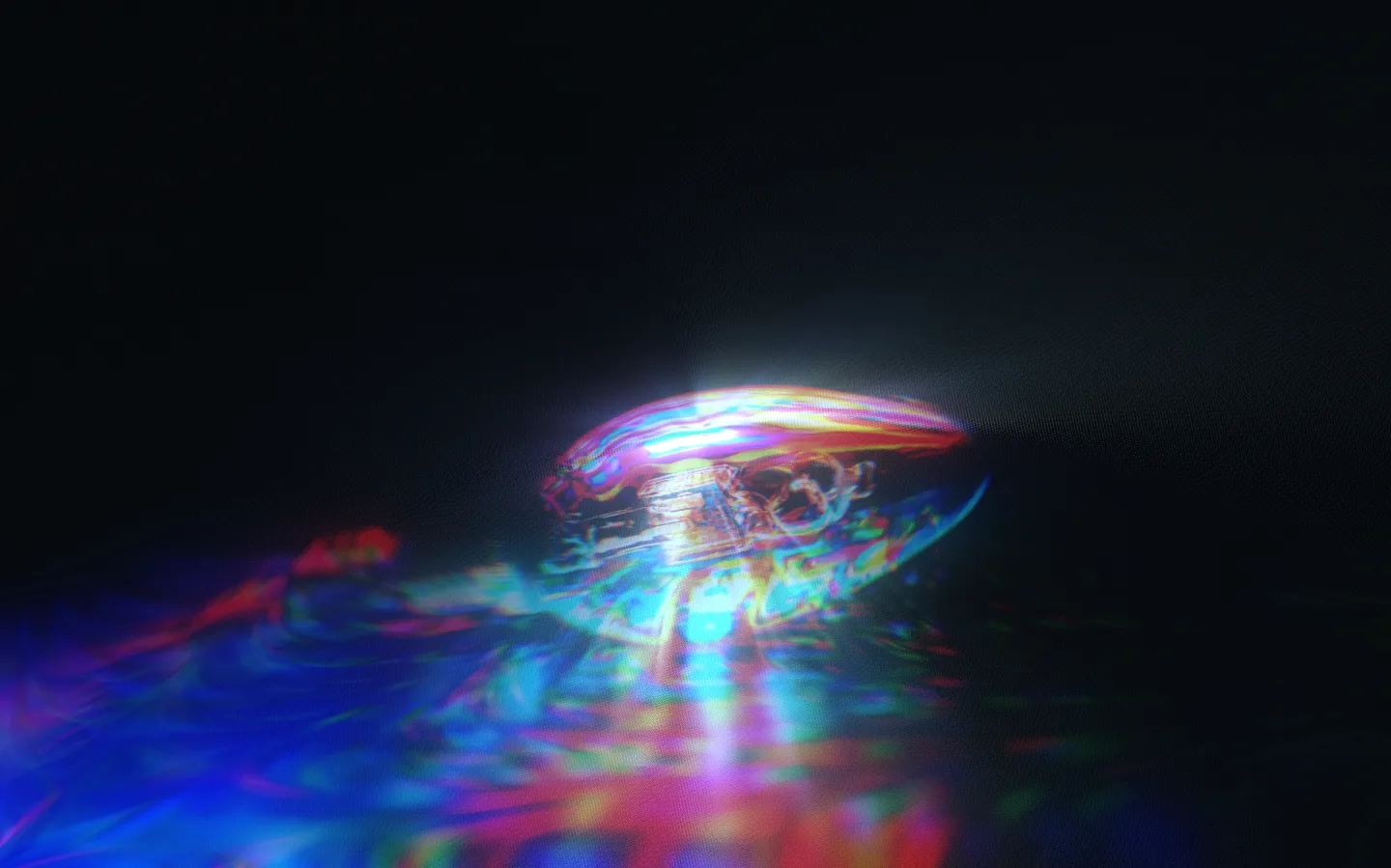 Abstract glowing light trails with heavy neon chromatic aberration on a dark background.