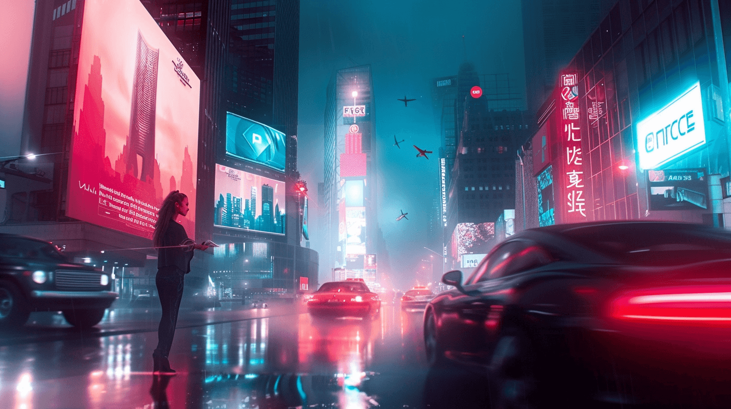 A bustling futuristic city with neon lights, flying cars, and towering skyscrapers intertwined with giant digital screens displaying abstract art.