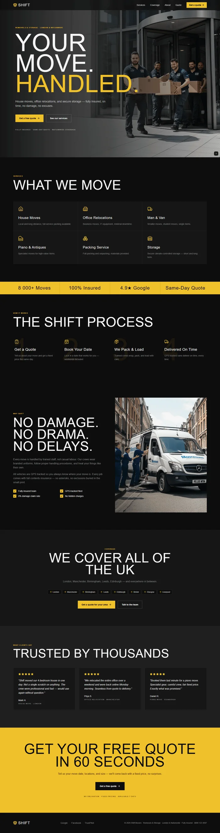 Moving company website prompt full preview — near-black #0f0f0f background with signal yellow #f0c52a accent and white text, Bebas Neue condensed hero headline "YOUR MOVE. HANDLED." with yellow accent, composition-independent right-to-left gradient over full-bleed professional removal team photography, six-service grid in three-by-two layout with yellow lucide icons and hover glow, and full-width yellow count-up stats strip with four dark metrics and dividers