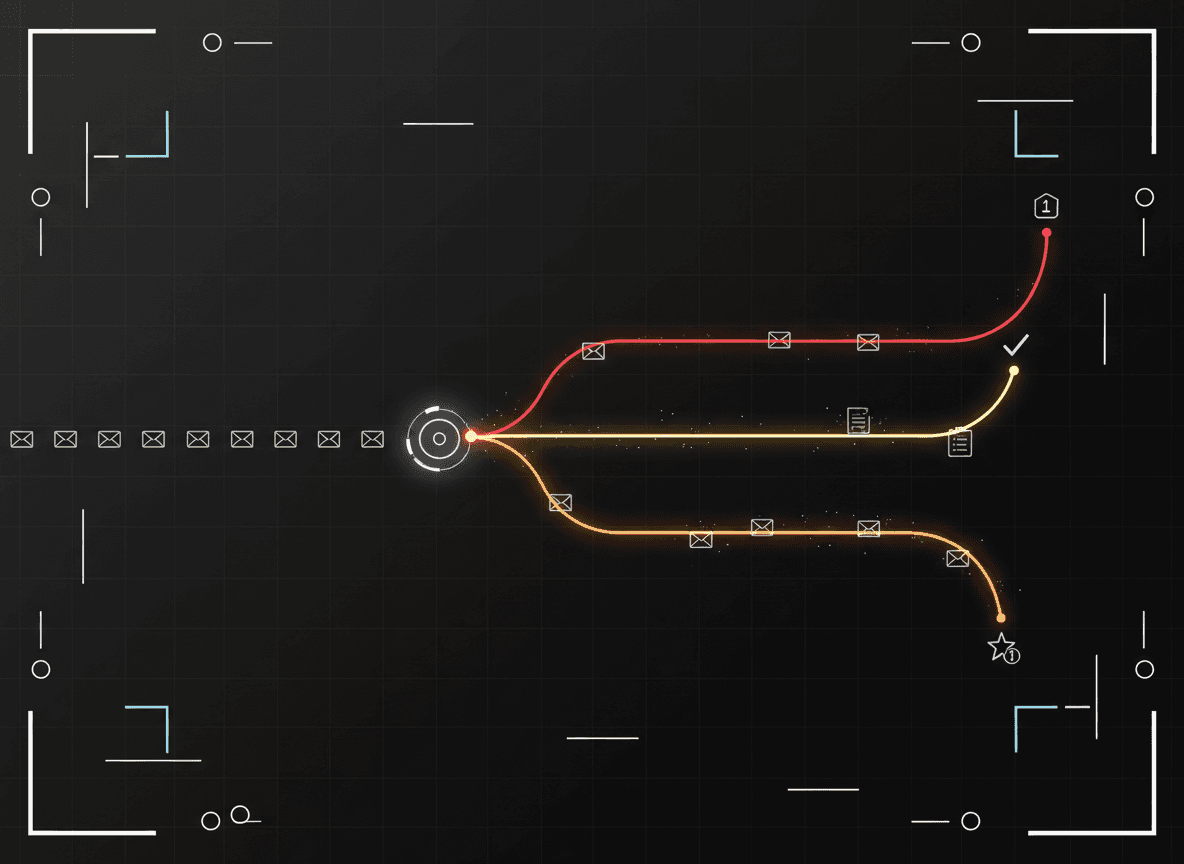 Animated infographic of three branching paths from a central point, with icons and a checkmark.