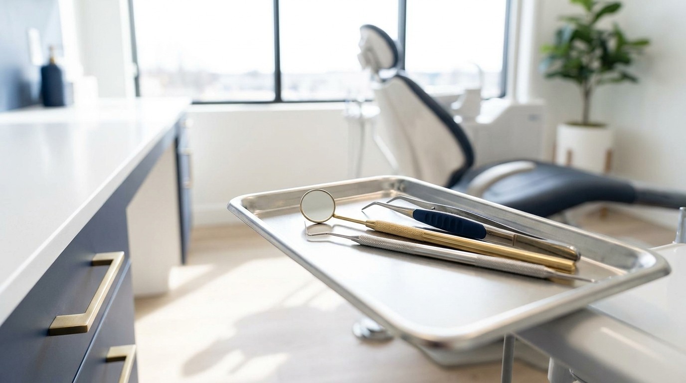 Dental mirror and instruments on a tray in a bright dental office