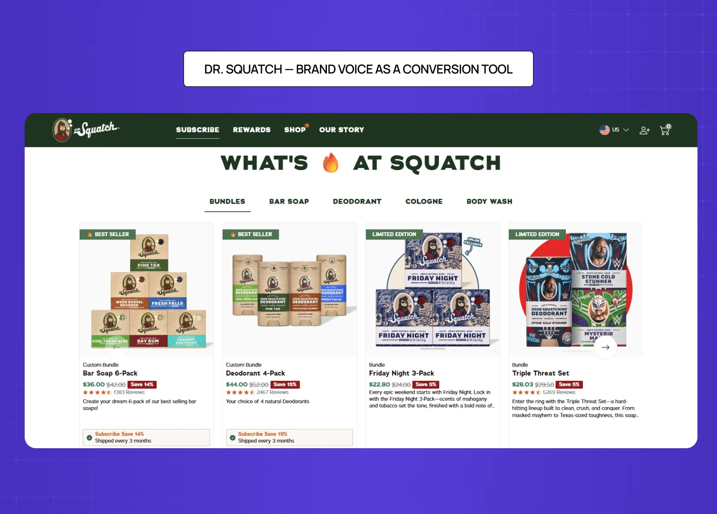 Dr. Squatch product page featuring bundles, pricing, reviews, and bold brand-driven product presentation. 