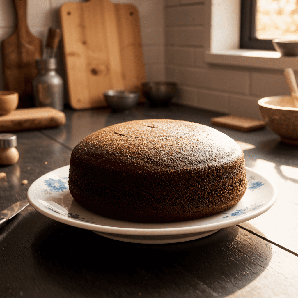 product photography of a round chocolate cake on a decorative plate