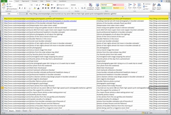 Formatting the destination links for 301 redirect from sitemap with Excel