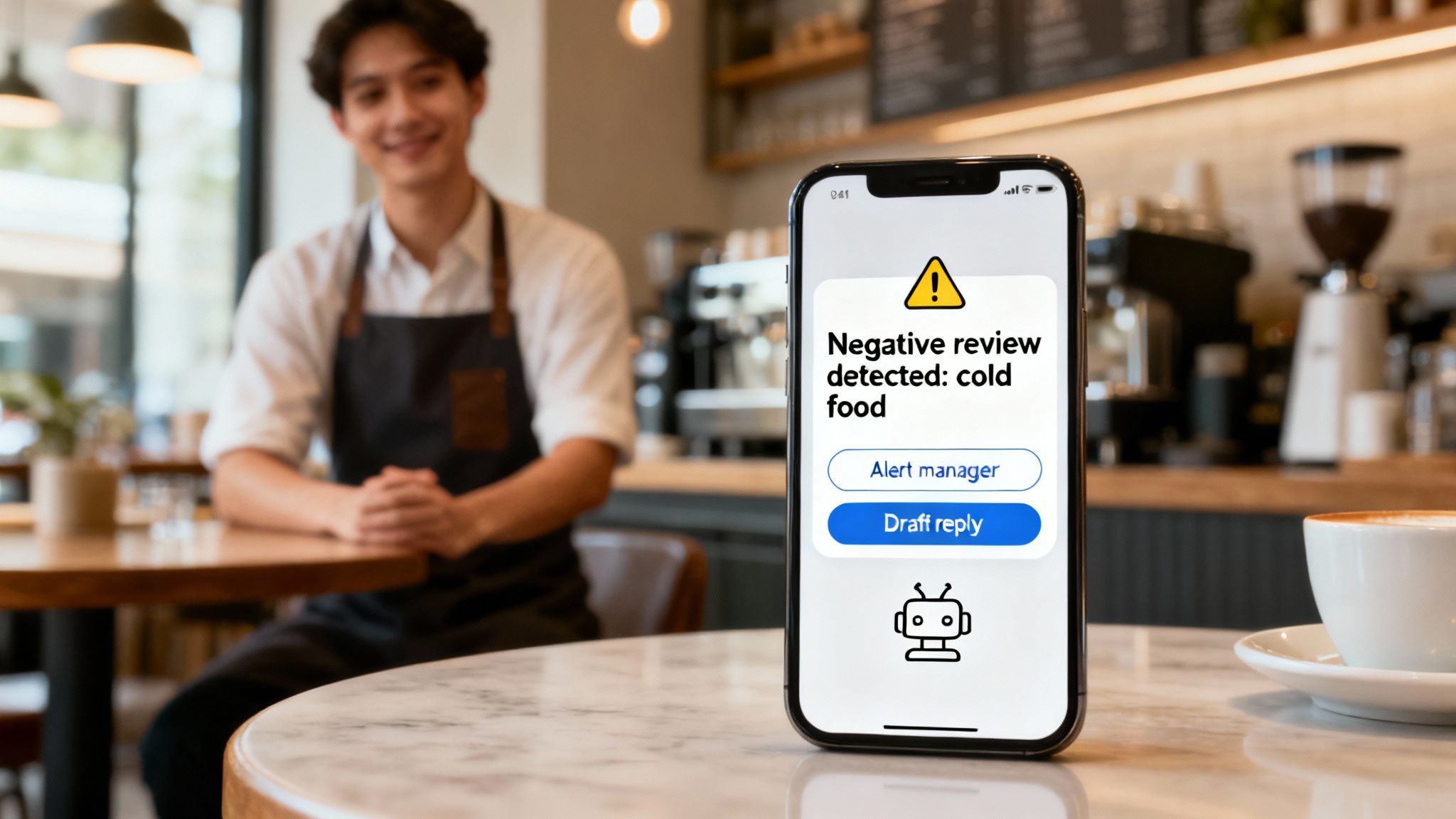 Smiling barista in cafe with phone displaying a 'cold food' negative review alert.
