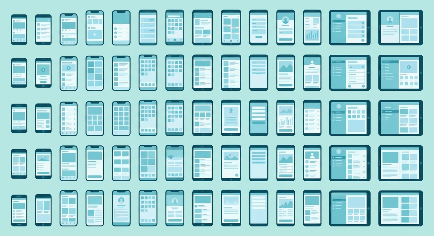 Grid of many different smartphones and tablets showing device fragmentation in agile mobile app development.