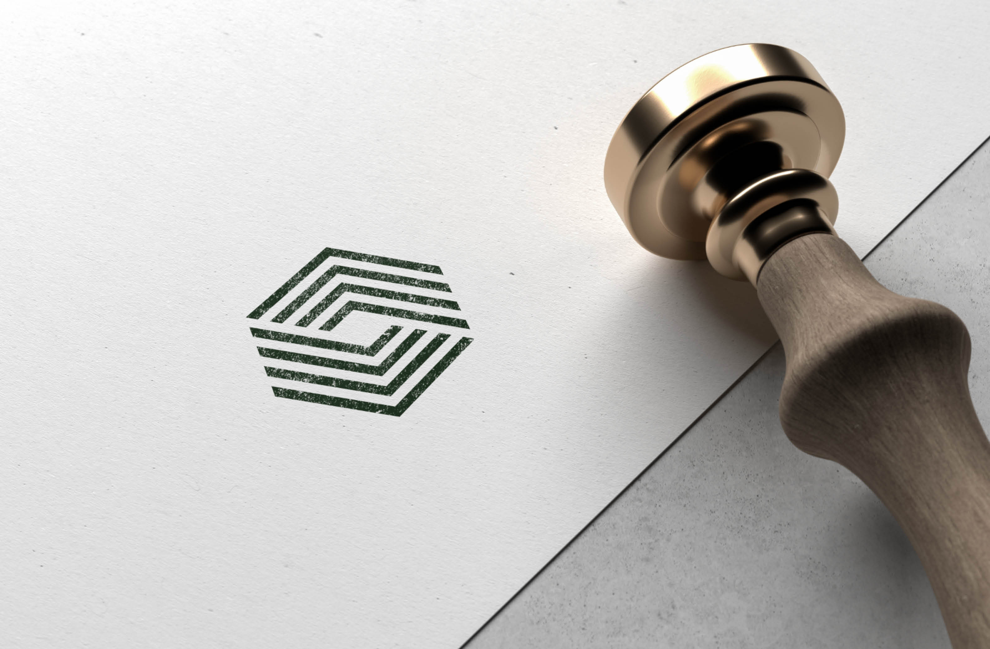 Stylish green geometric logo stamped on textured paper with an elegant wax seal.