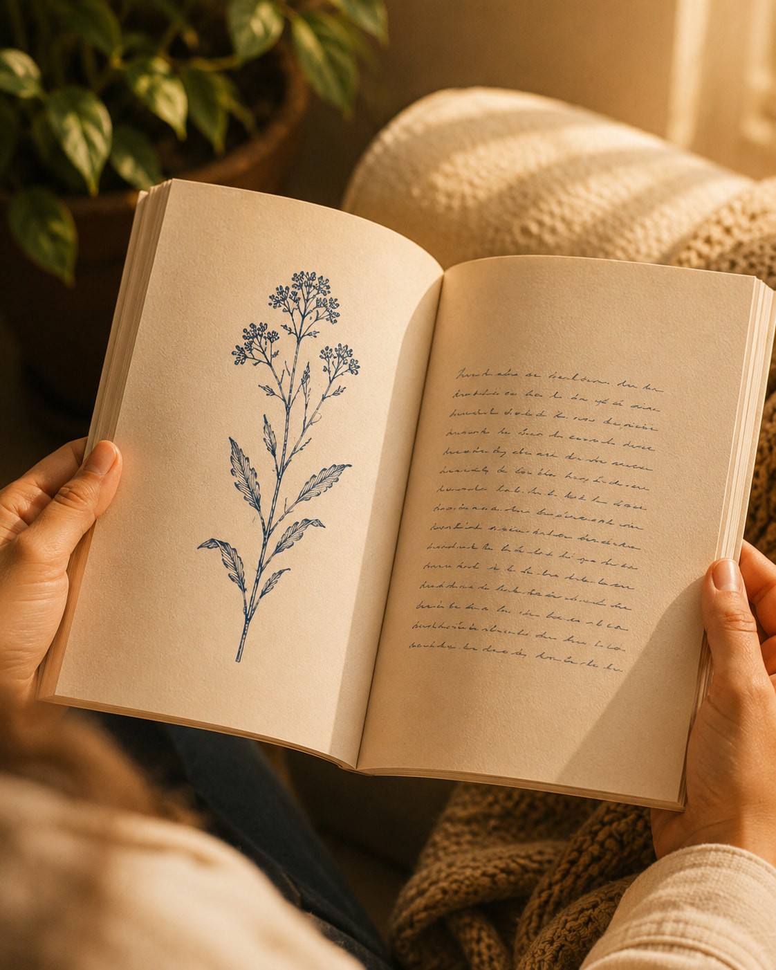 Hands holding an open book with a blue floral illustration on one page and cursive writing on the other. Warm, cozy lighting with a soft focus.