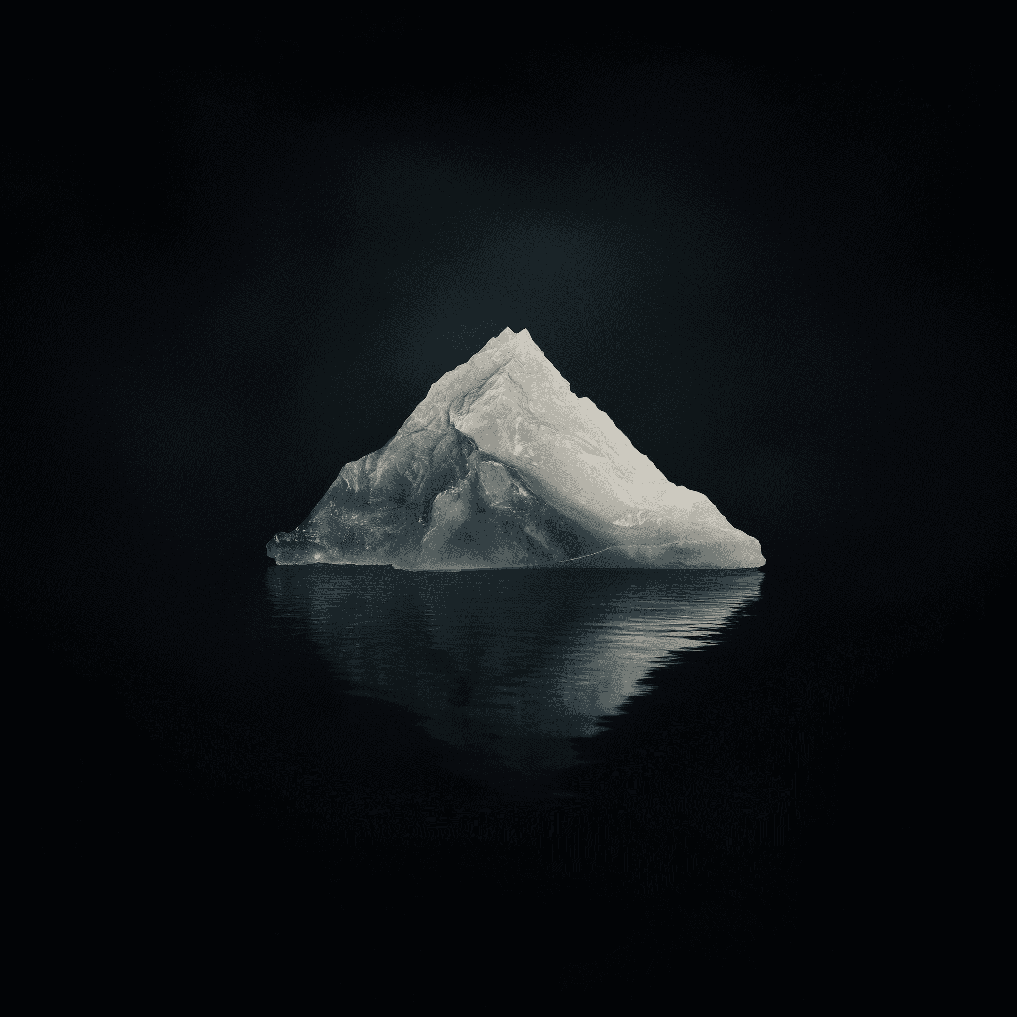 Silver iceberg floating with small reflection, against a dark background, captured using a Hasselblad H6D-400c Multi-Shot camera.,