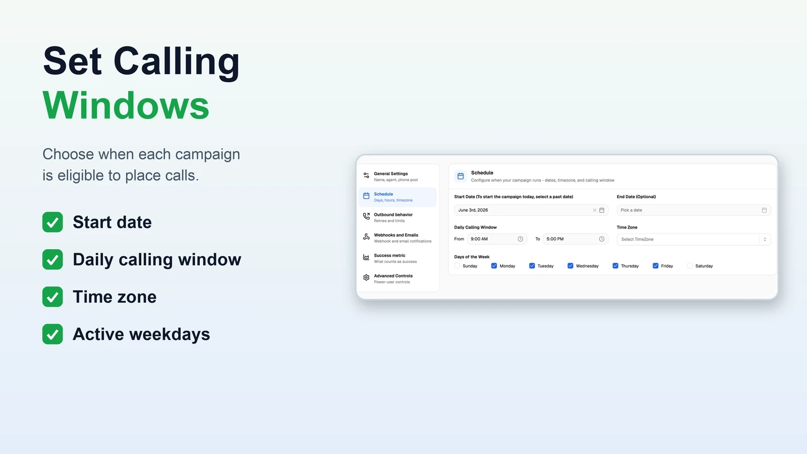 VoiceAIWrapper schedule controls for campaign dates, calling hours, active weekdays, timezone, and lead eligibility.