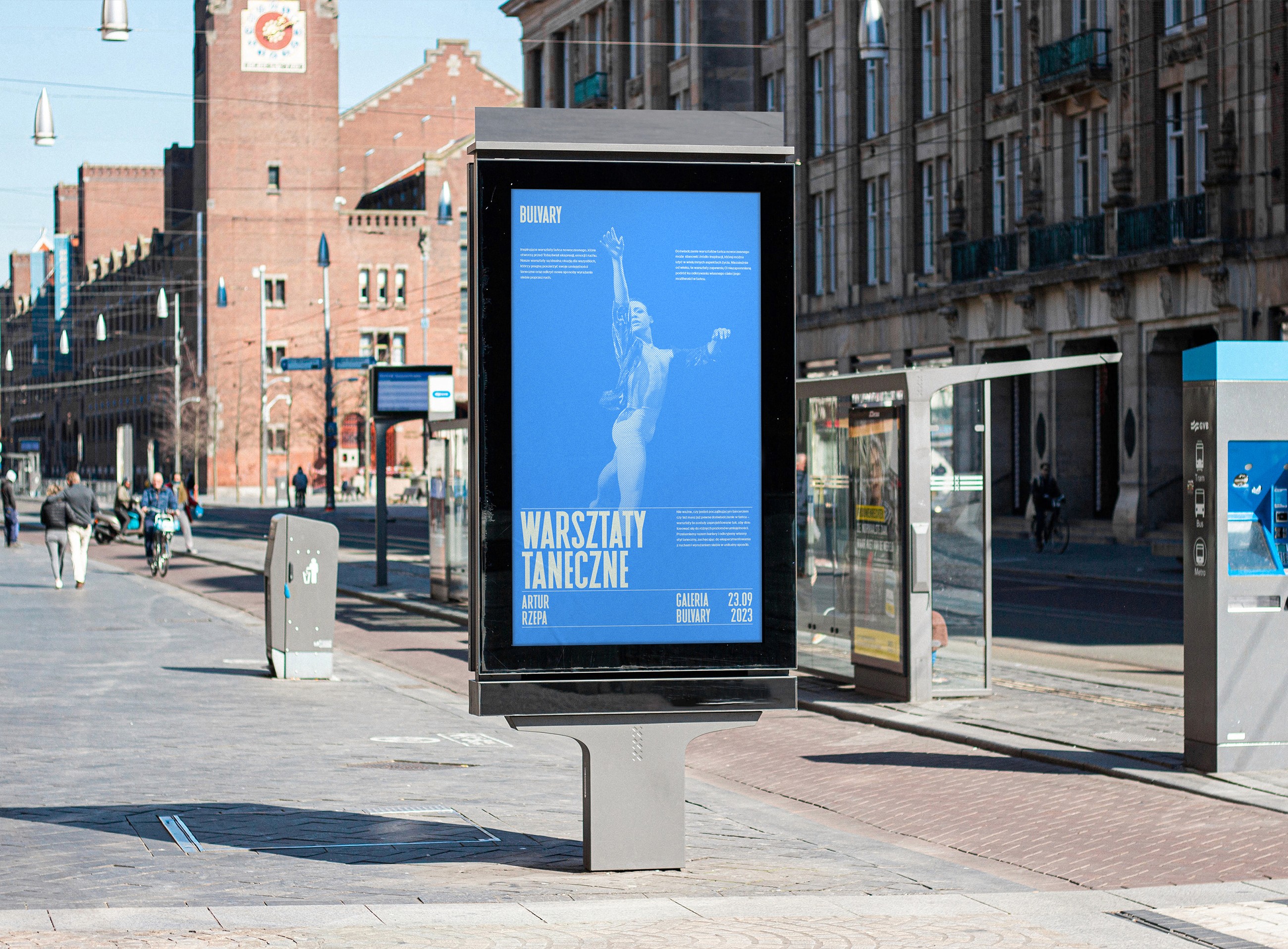 Blue Bulvary Warsztaty taneczne dance workshop citylight poster with a halftone dancer on a city street, poster design