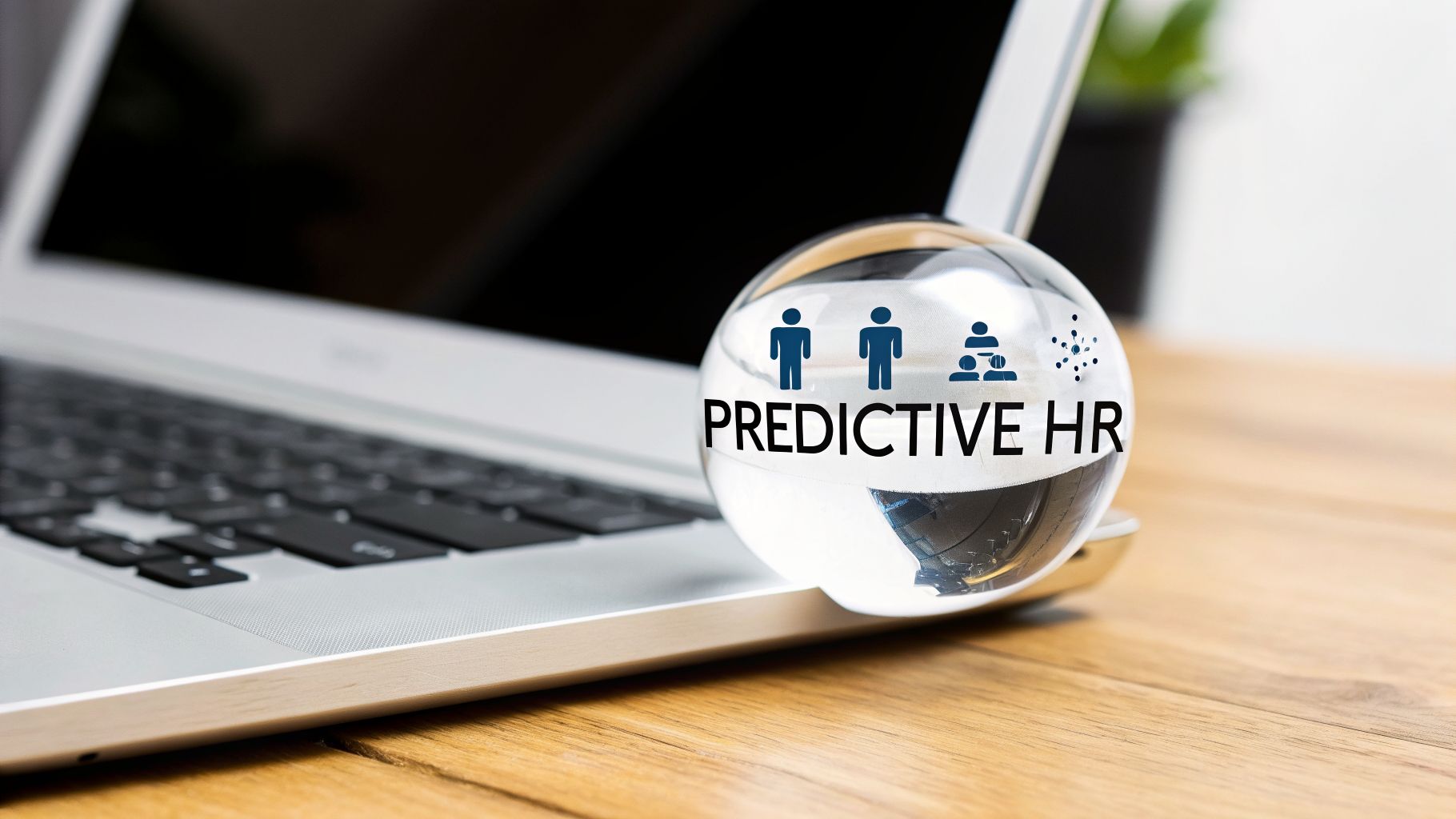 Glass sphere with 'PREDICTIVE HR' text and icons on a laptop keyboard, symbolizing future HR.