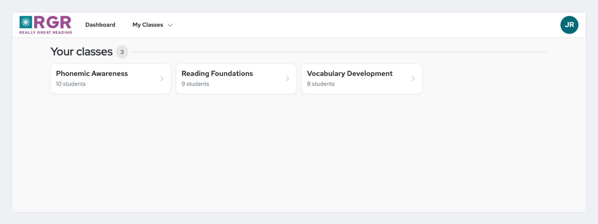 The placeholder RGR 2.0 teacher screen before the redesign