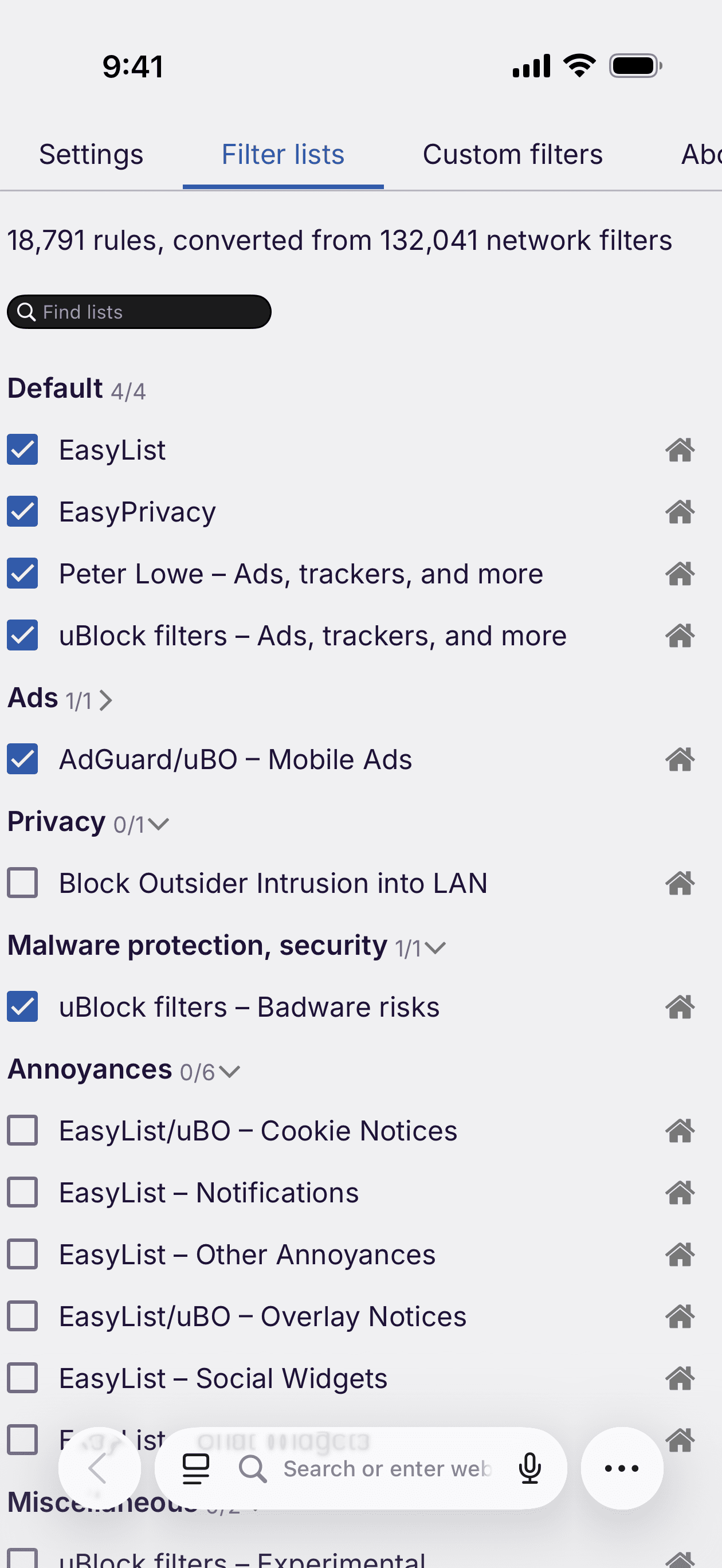 uBlock Origin Lite filter lists page in Safari