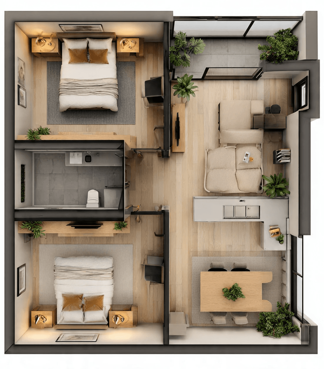 A 3D top-view of a modern apartment layout with two bedrooms, a living room, dining area, bathroom, and balcony, decorated with plants and warm lighting.