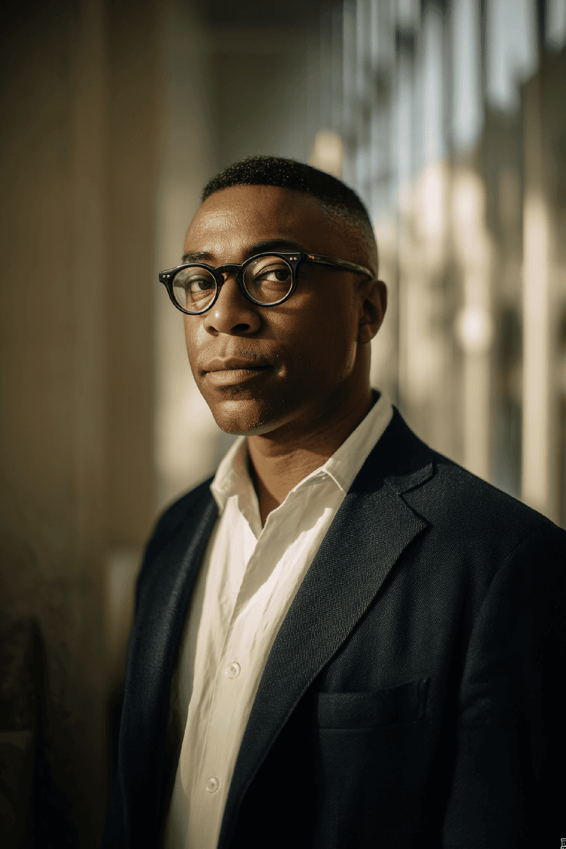 man in black polo shirt standing near white wall