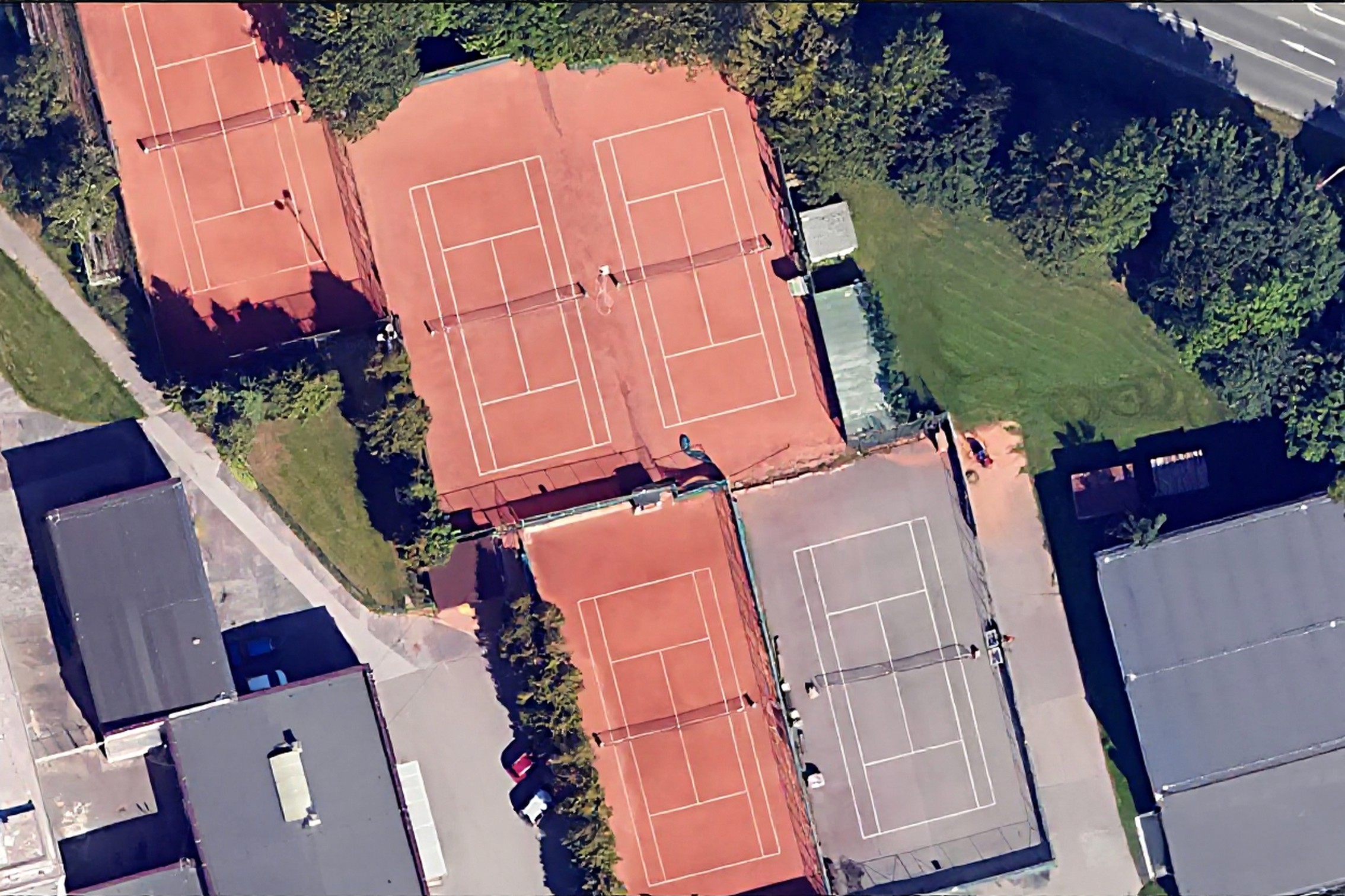 aerial view of white and blue building