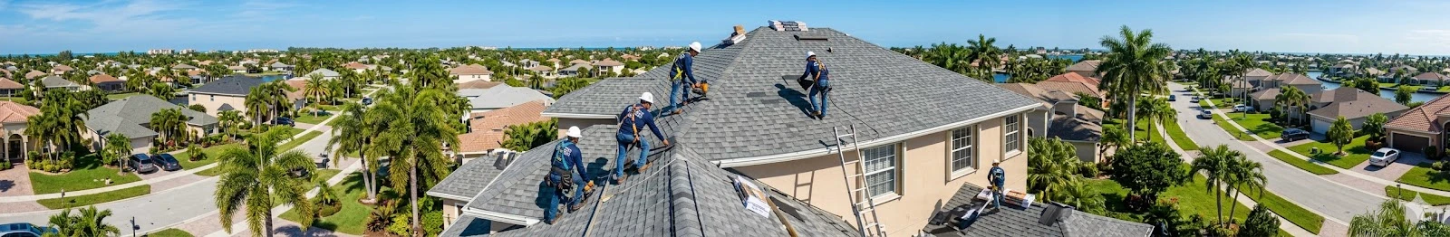 Show crew on residential roof, South Florida neighborhood