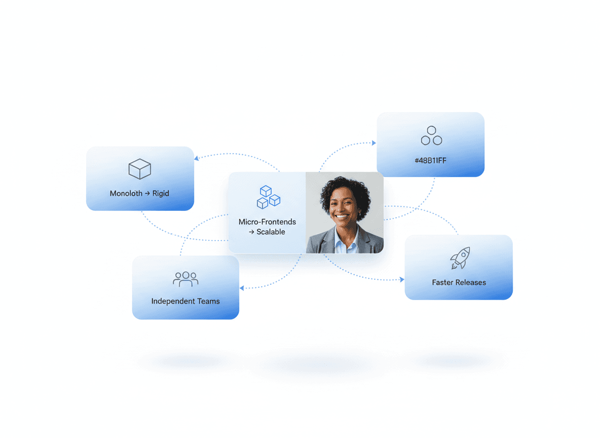 Illustration of micro-frontends vs monolithic frontend showing engineering leader reviewing floating UI cards about scalable architecture and independent deployments.