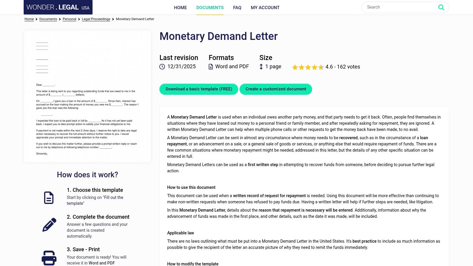Wonder.Legal (U.S.), Monetary Demand Letter (Word/PDF)