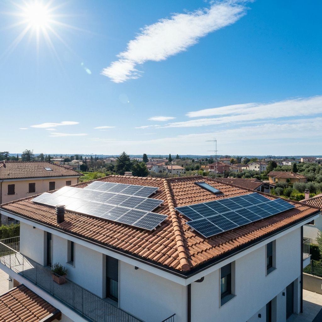 Pannelli fotovoltaici installati su un tetto di tegole rosse, illuminati da un sole splendente in un cielo azzurro.