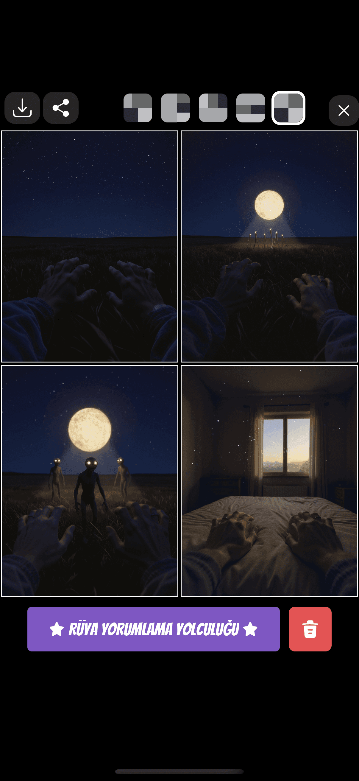 Asteria rüya görselleştirme ekranı — yapay zekâ tarafından oluşturulan dört rüya sahnesini gösteren galeri düzeni.