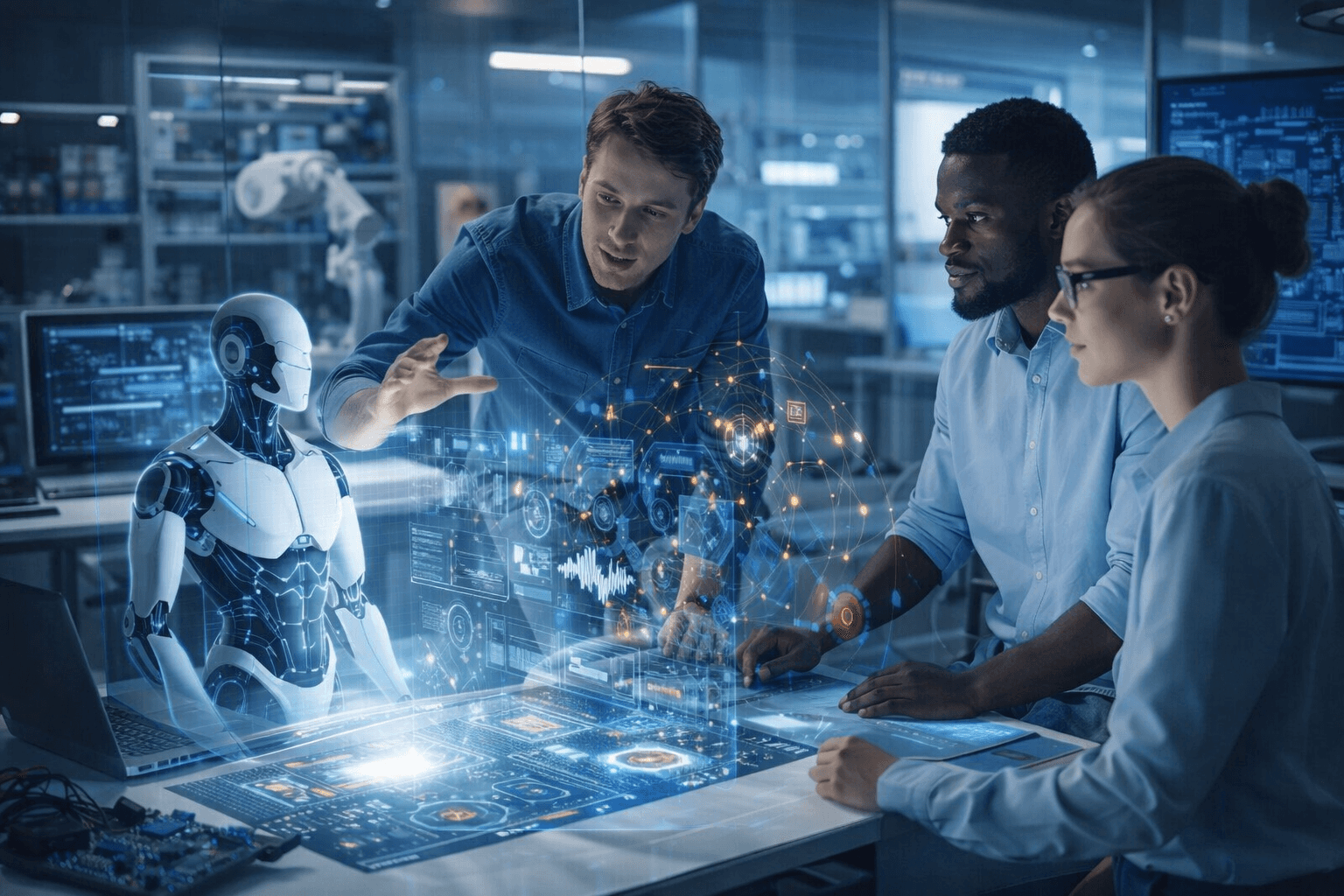 two people looking at a tablet and smiling