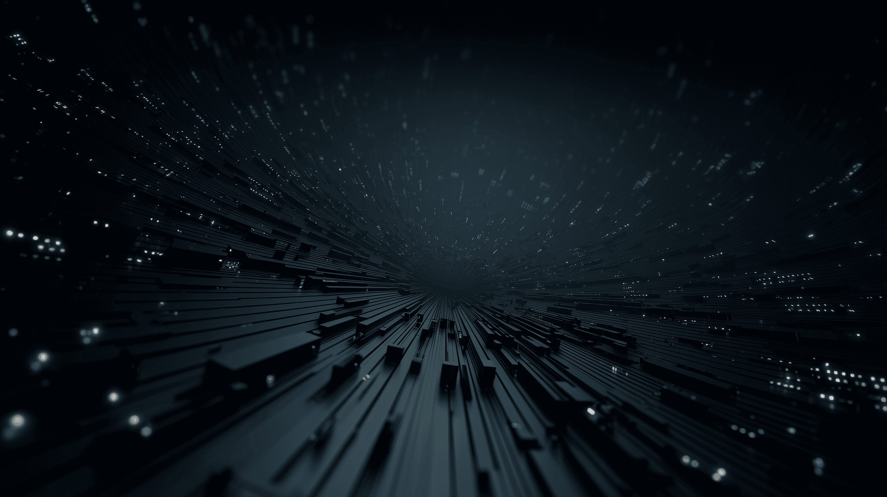 Abstract dark-blue digital tunnel of elongated rectangular forms and scattered glowing points converging toward a central vanishing point, suggesting high-speed data flow, system acceleration, and core infrastructure.