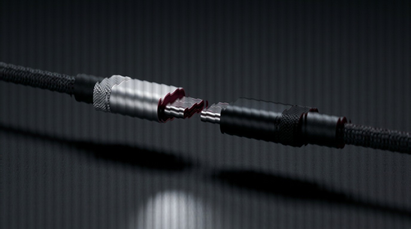 Two cable connectors meeting mid-air with a wine-red glow at the contact point, representing systems syncing together