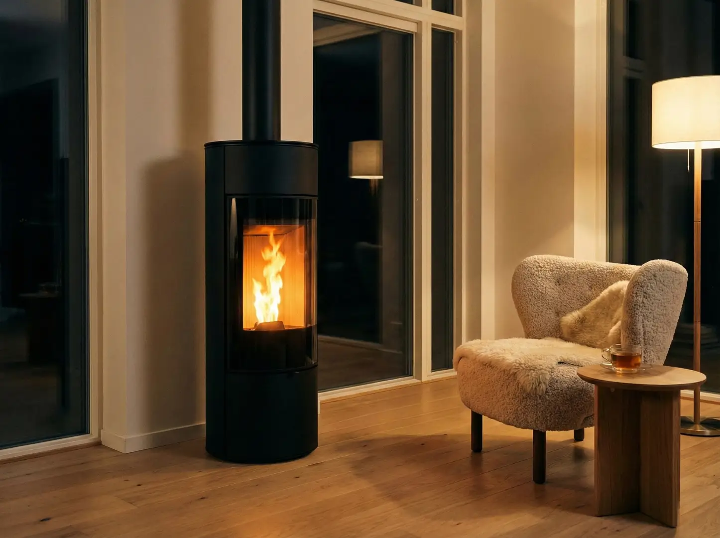 Poêle à bois design dans intérieur chaleureux. Confort et efficacité énergétique.