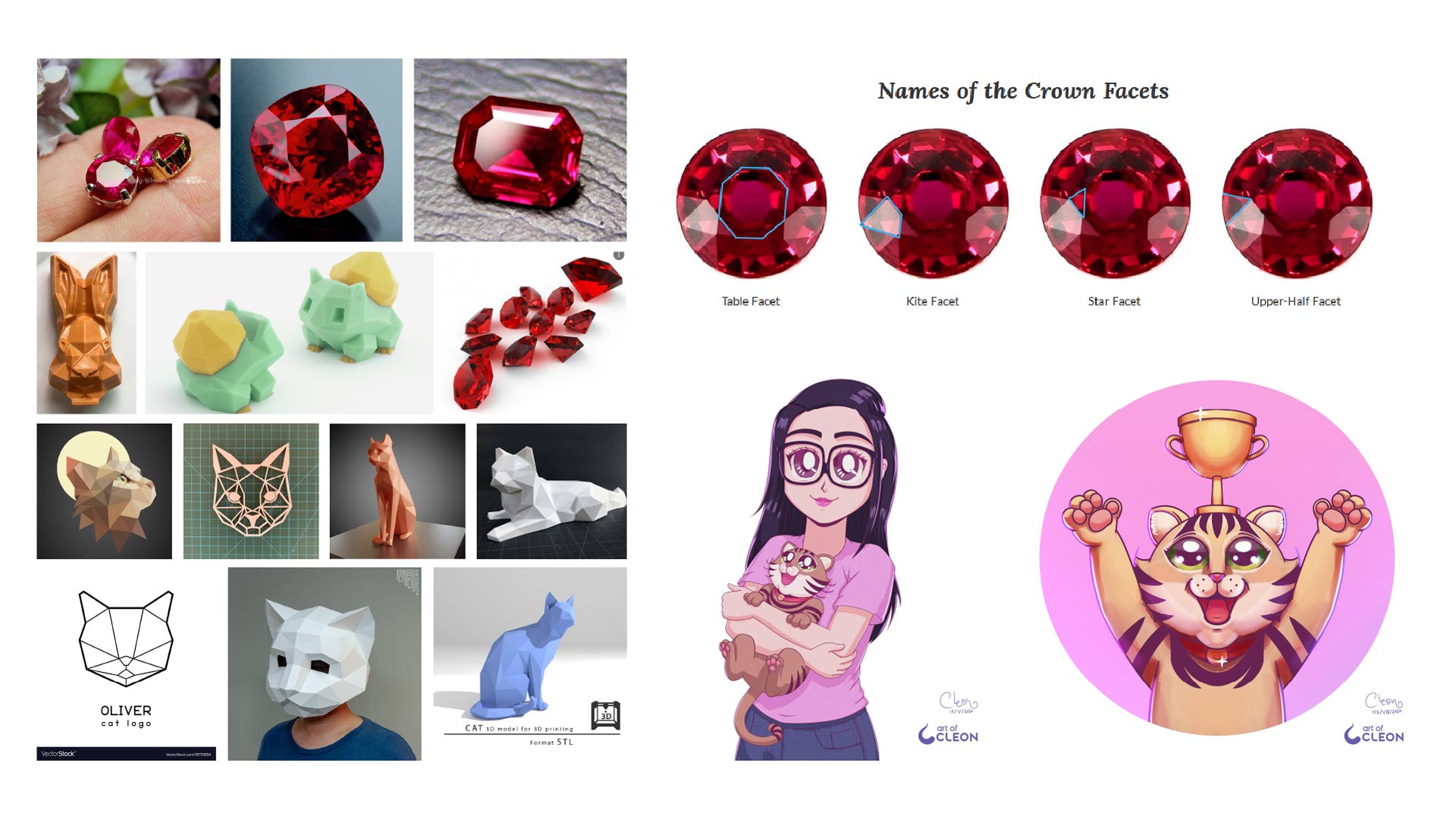 Reference board combining the earlier Equipe Rubi identity, photos of Rubi, ruby gemstones and a faceted animal form.