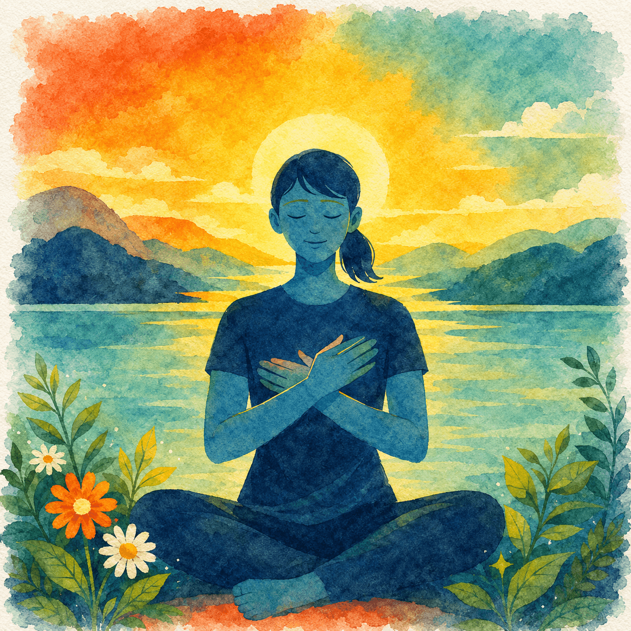 Woman sitting in serene pose with hands over chest at sunset