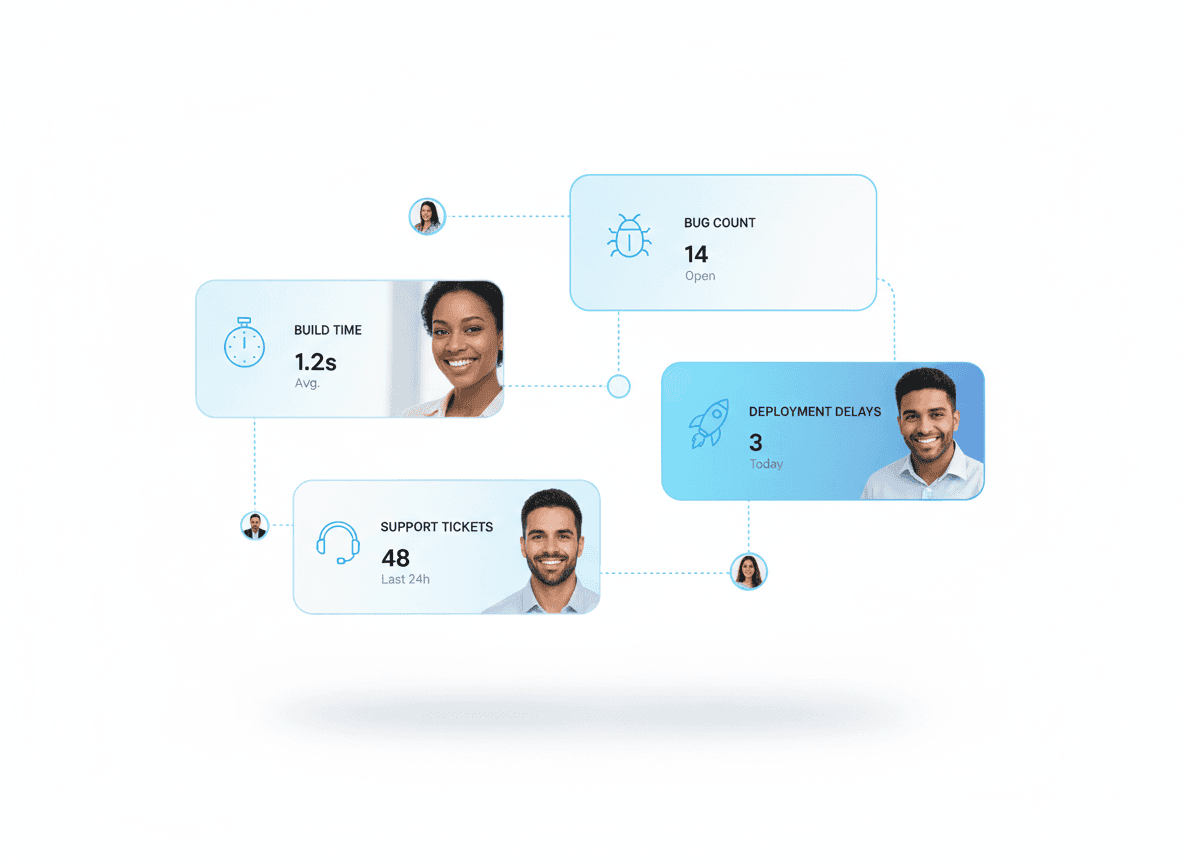 Frontend development performance metrics showing build delays, bug volume, support tickets, and deployment issues in a SaaS platform