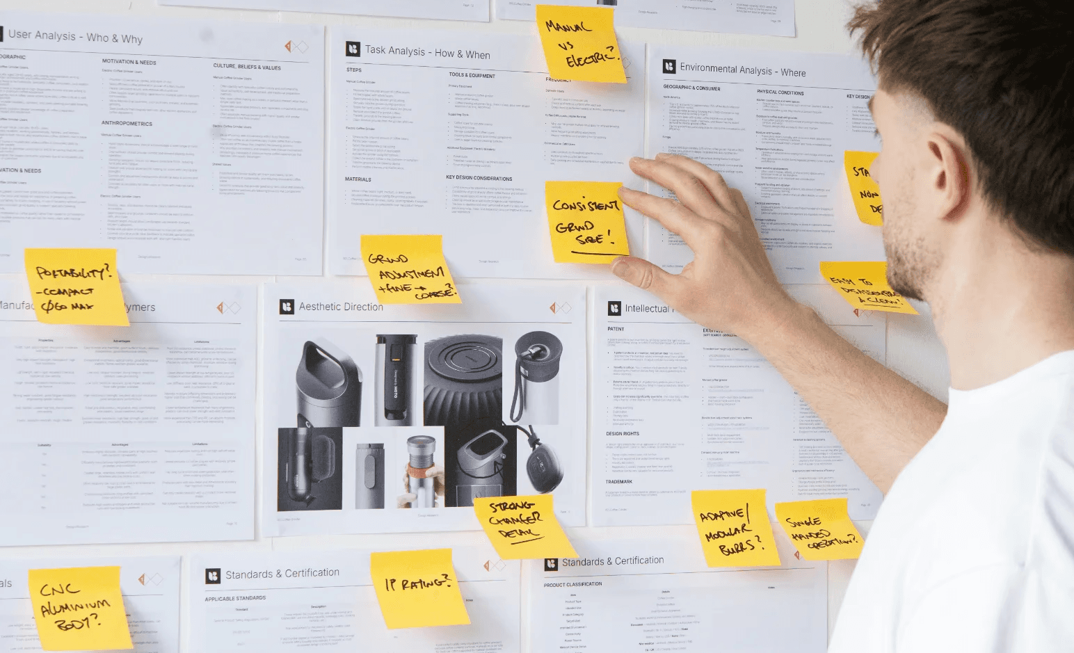 Design research board exploring user, task and environment analysis for a manual coffee grinder brief.