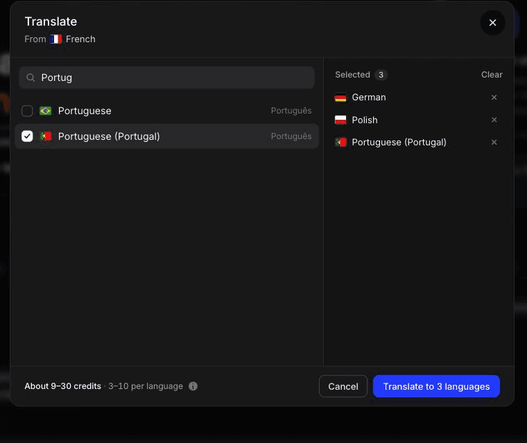 Clevera's Translate dialog with German, Polish and Portuguese (Portugal) selected