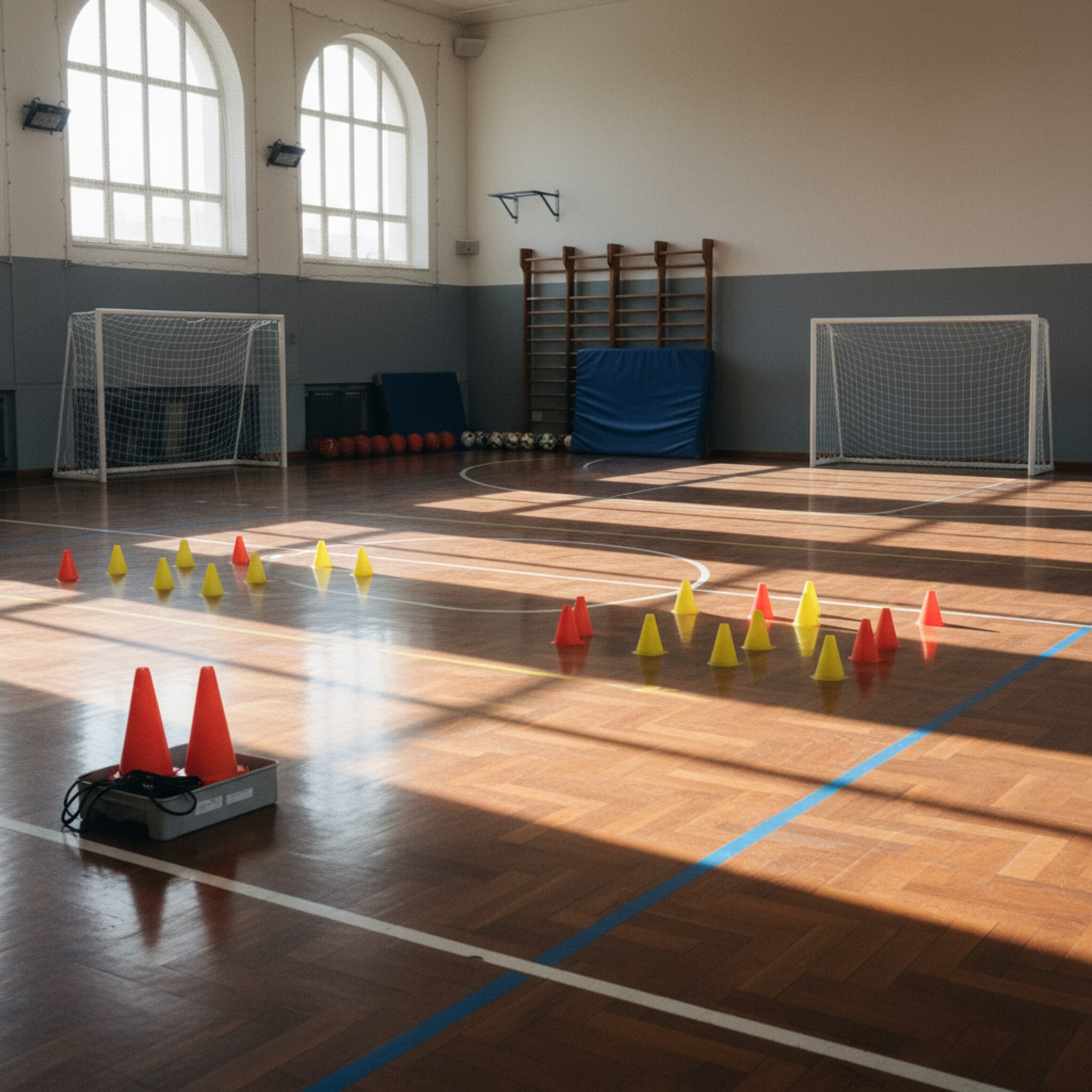 Eine frisch gewischte Sporthalle mit aufgebauten Markierungen und ruhenden Bällen am Rand. Sonnenlicht fällt durch hohe Fenster auf die glänzende Parkettfläche. Ein Bodenwagen mit Hütchen steht bereit, die Tore sind korrekt eingehängt und warten auf die nächste Gruppe.