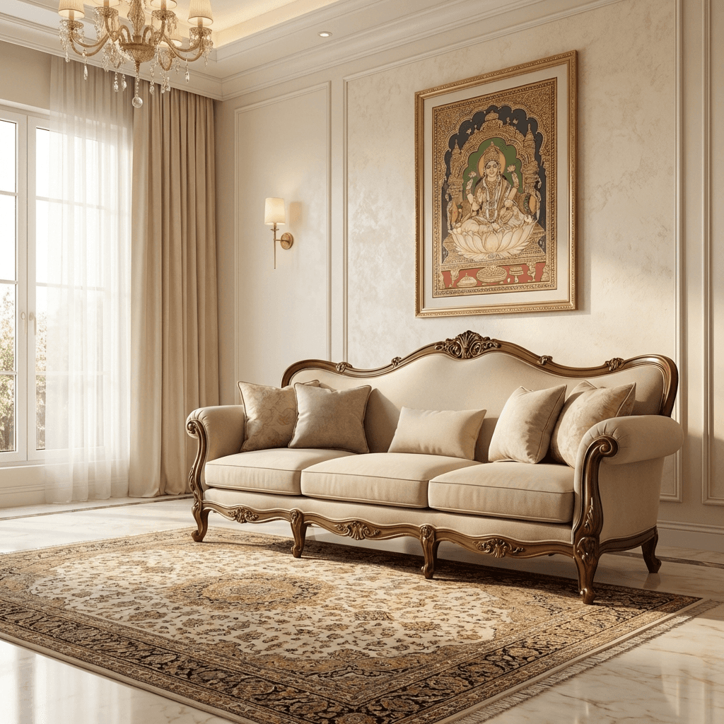 Traditional sofa with rolled arms, sculpted wooden details, and plush seating