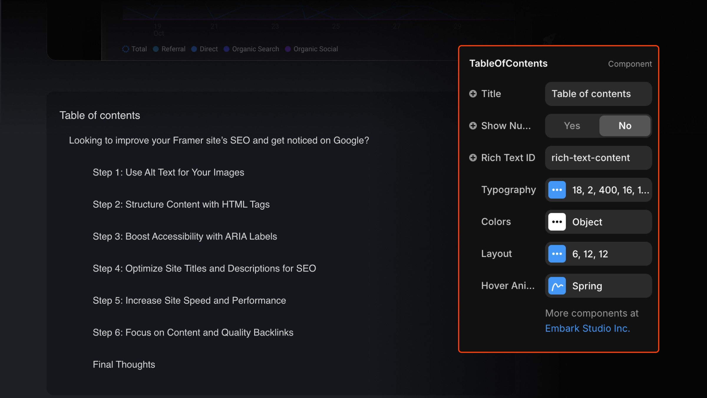 Screenshot of Framer compoent loading in a table of contents