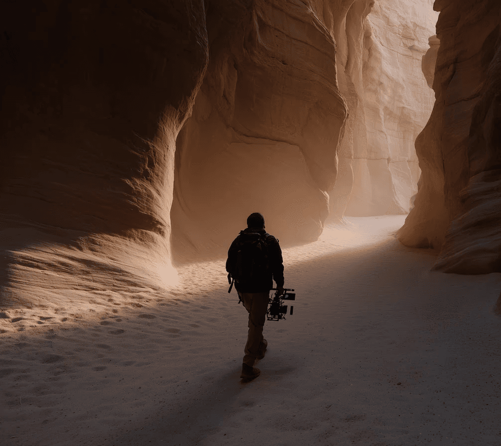 Man carrying camera equipment walking through sandy canyon