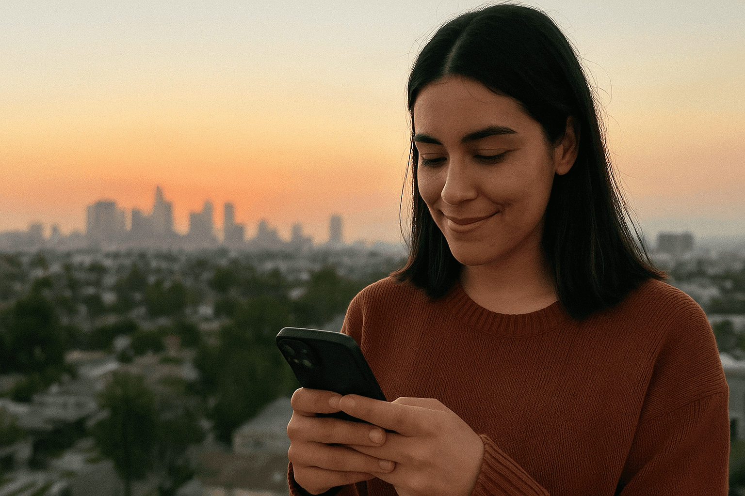 Mujer joven usando su celular para gestionar un edificio con IA desde WhatsApp, con interfaz de Domus AI