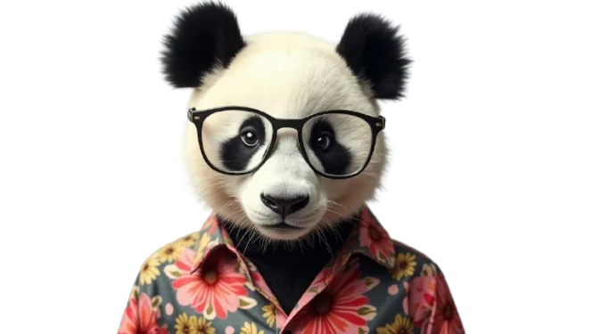 Illustrated panda wearing glasses and a floral shirt, set against a lime green background — used as the Sonoda Creative mascot.