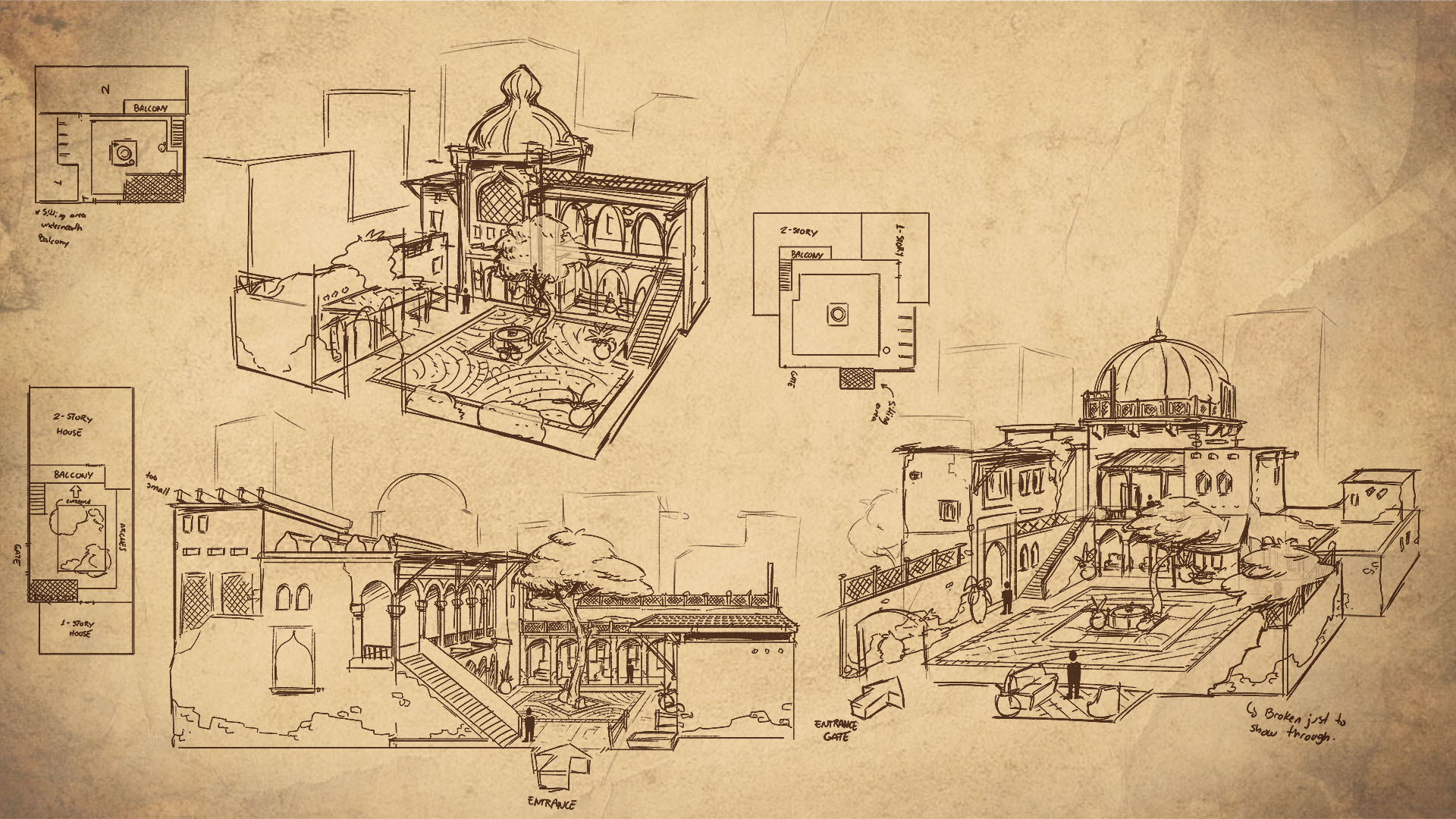 Perspective exploration sketches (3 different layouts)