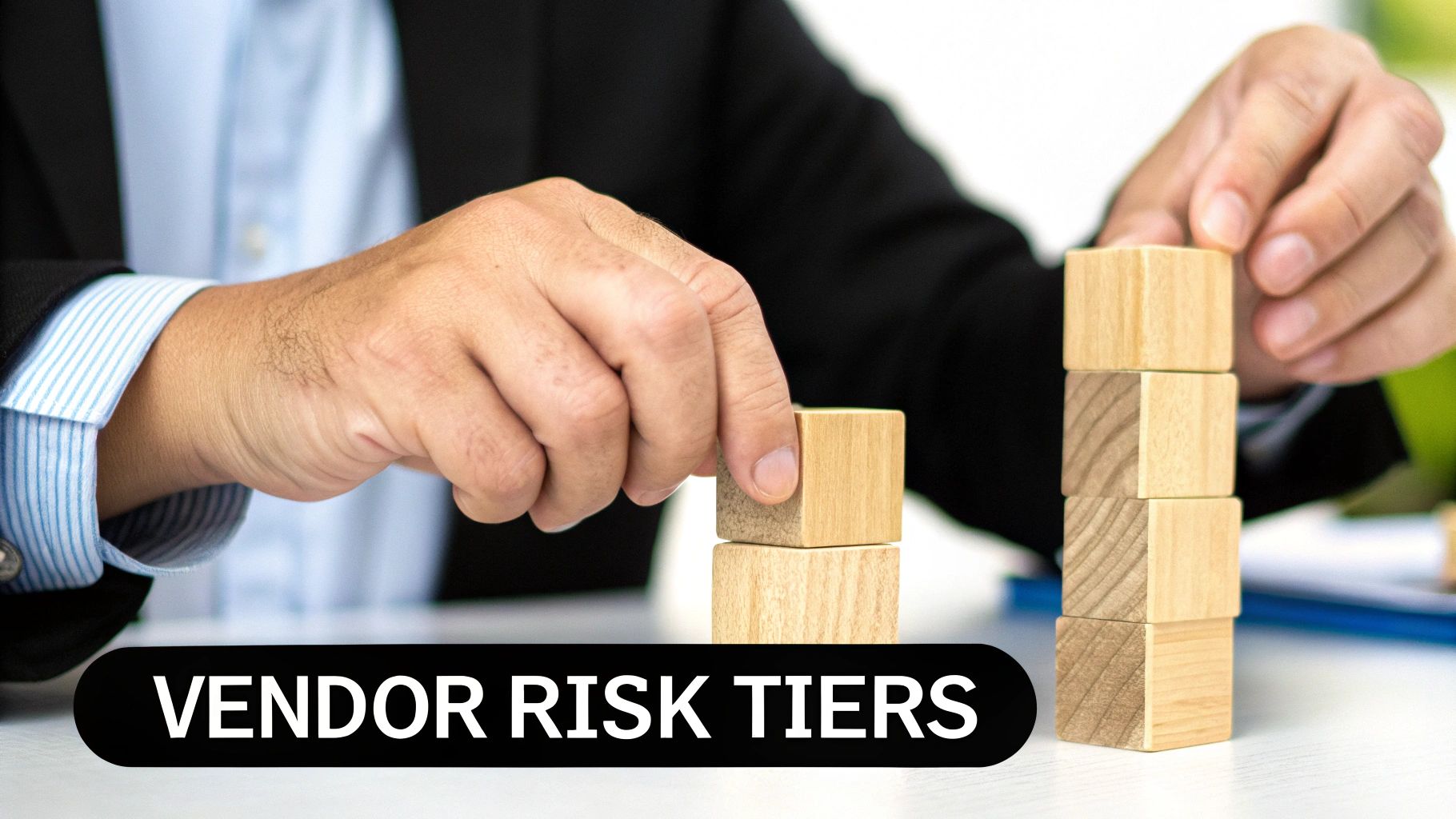 Close-up of hands stacking wooden blocks, symbolizing 'VENDOR RISK TIERS' in a business context.