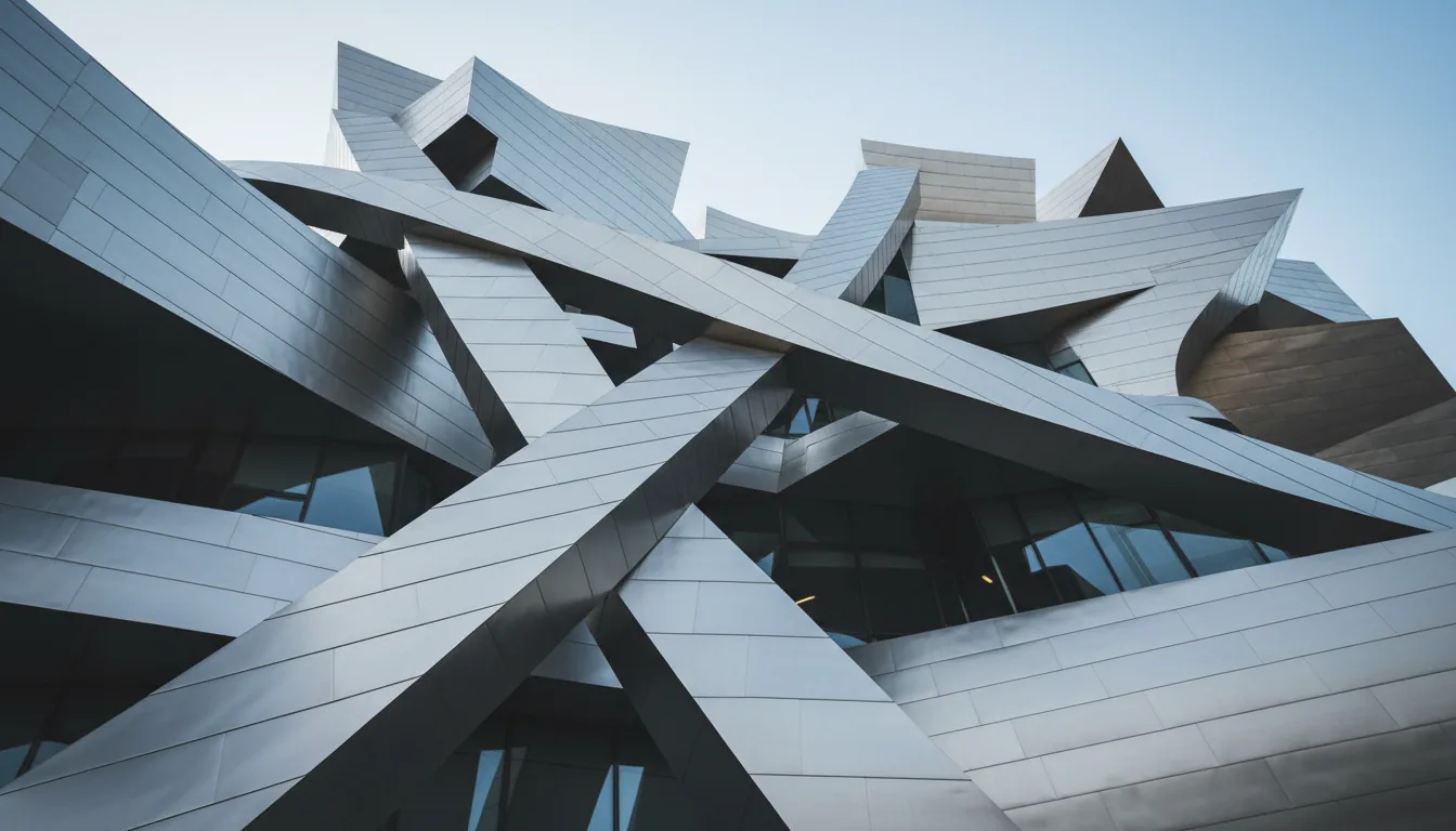 DSLR photograph of a deconstructivist architectural building, low-angle shot looking up. The facade is composed of large, sweeping, curved panels of matte brushed stainless steel that overlap and intersect. The metal surfaces reflect the cool, even light of a clear, pale blue sky. Natural daylight creates soft shadows and highlights, emphasizing the building's complex, flowing geometry. The entire image is in sharp focus, capturing the precise seams between the metallic plates.