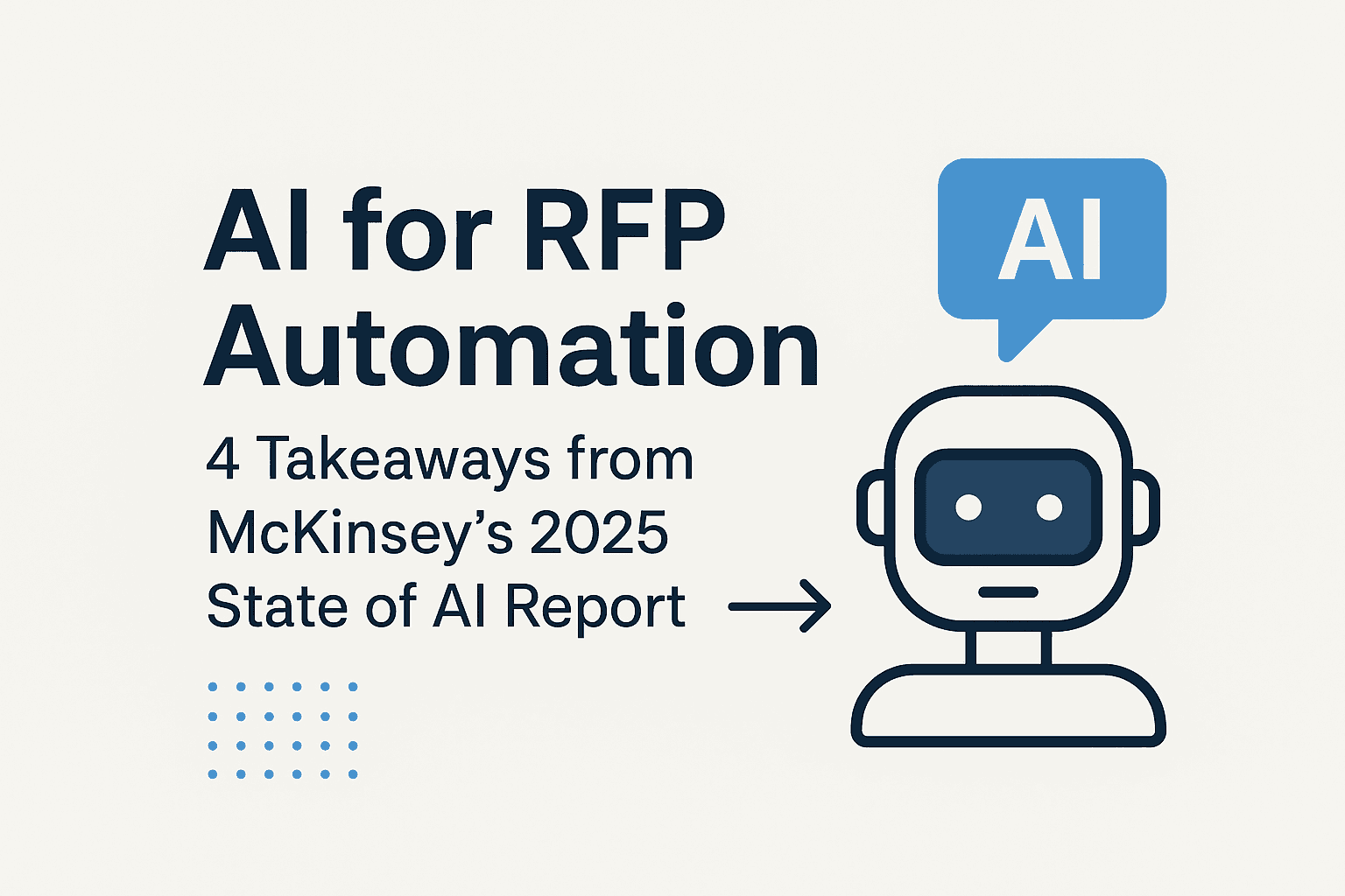 Clean, modern preview image for the blog “AI for RFP Automation: 4 Takeaways from McKinsey’s 2025 State of AI Report,” featuring a minimal robot icon and bold headline in blue tones to convey innovation and automation.