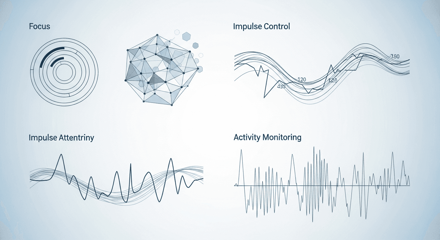 Professional medical illustration of ADHD cognitive assessment, showing abstract visualization of attention, impulsivity, and activity measurement. Clean, modern clinical setting with soft blue and white color palette. Include visual representations of focus patterns, impulse control metrics, and activity monitoring through geometric shapes and flowing lines. Medical-grade technology aesthetic, calming and professional atmosphere.
